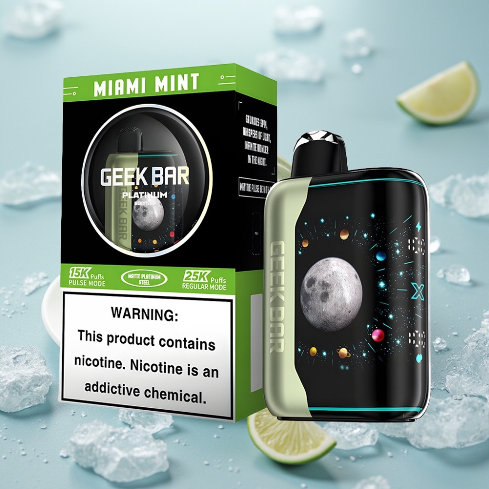 GEEK BAR Platinum Edition 25000 Miami Menta Aço Platina Premium Tela 3D