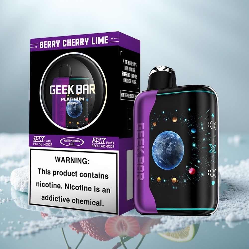 GEEK BAR Platinum Edition 25000 Sabores Berry Cereja Lima Acabamento em Aço Platina