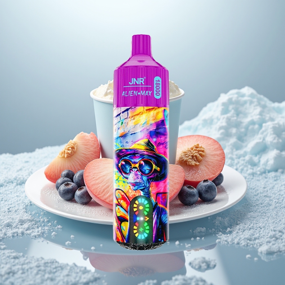 JNR Alien Max 18000 Puffs Doce de Pêssego e Mirtilo, LED Inteligente, Dual Mesh JNR Alien Max 18000 Puffs Doce de Pêssego e Mirtilo, LED Inteligente, Dual Mesh