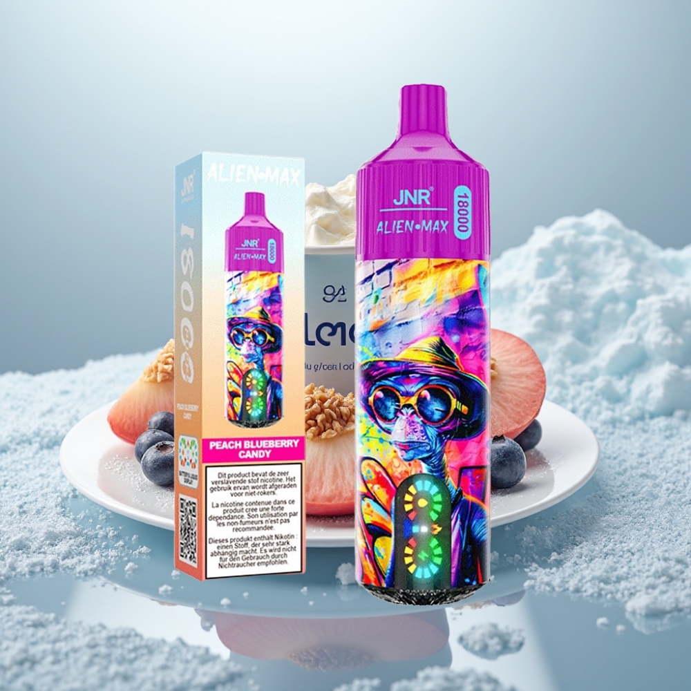 JNR Alien Max 18000 Puffs Doce de Pêssego e Mirtilo, LED Inteligente, Dual Mesh