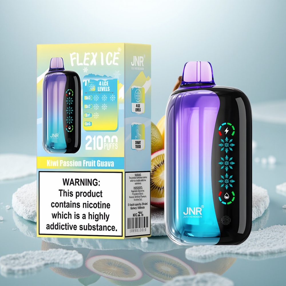 JNR Flex Ice 21000 Puffs Disposable Vape Kiwi Maracujá Goiaba com Gelo Ajustável e Toque Tátil