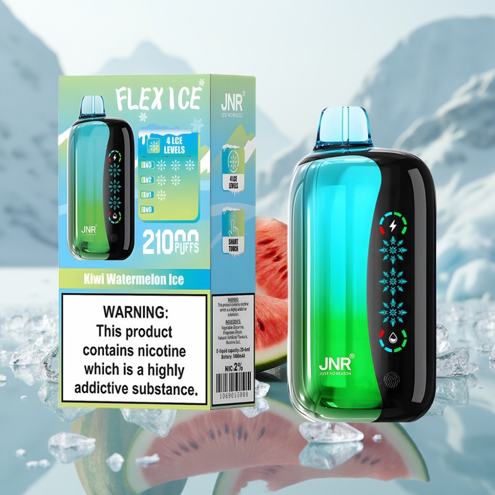 JNR Flex Ice 21000 Puffs Disposable Vape Kiwi Melancia Gelada com Tela de Toque e Fluxo de Ar Ajustável