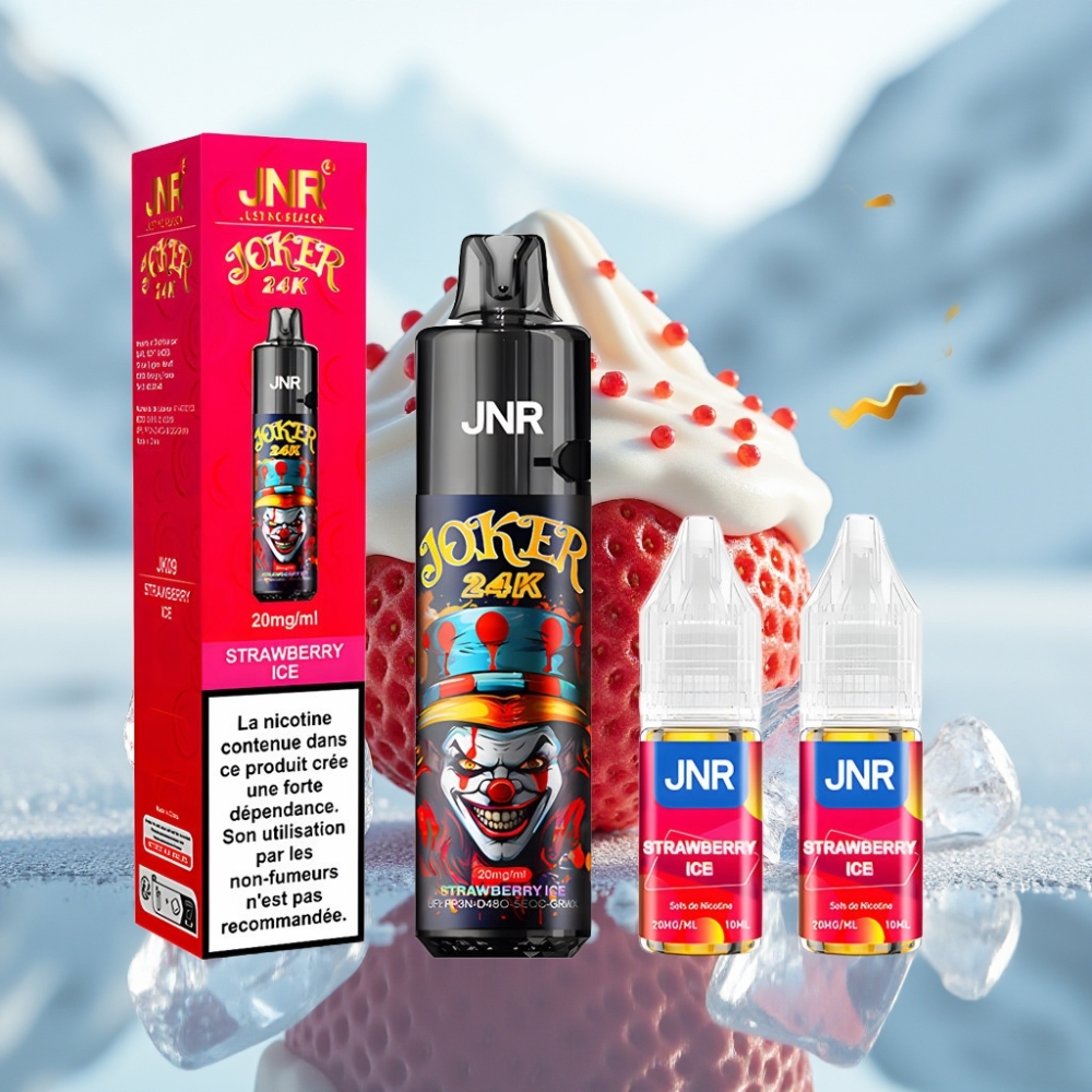 JNR Joker 24K Puffs Disposable Vape Morango Gelo 2+10ml Recarregável 800mAh