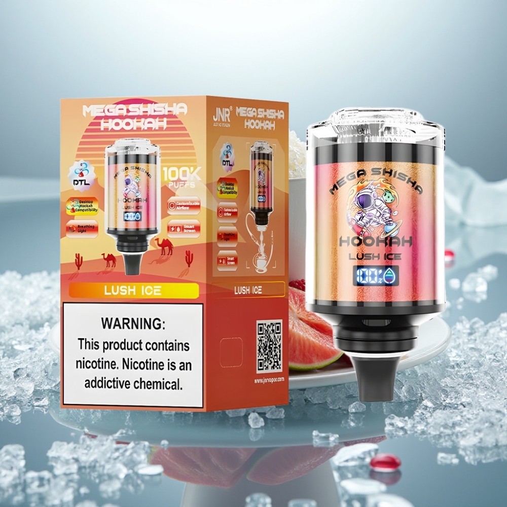 JNR Mega Shisha Hookah 100K Compatibilidade Desktop Lush Ice Gelo Refrescante Dimensões 70,2mm×270mm×143,2mm