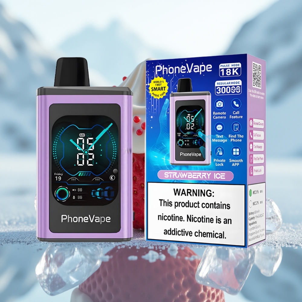 JNR PhoneVape 30000 puffs Disposable Vape Morango Gelo Bateria Recarregável Tela Completa