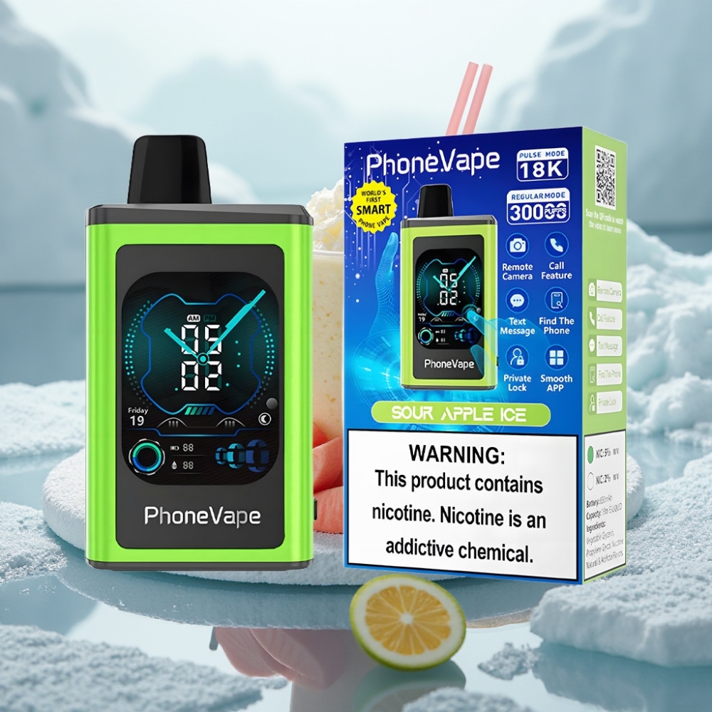 JNR PhoneVape 30000 puffs Maçã Verde Gelada Bateria Recarregável Tela Completa