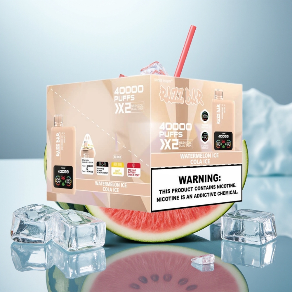 Razz Bar 40000 Puffs Disposable Vape MELANCIA GELADA & COLA GELADA Tela Display 650mAh