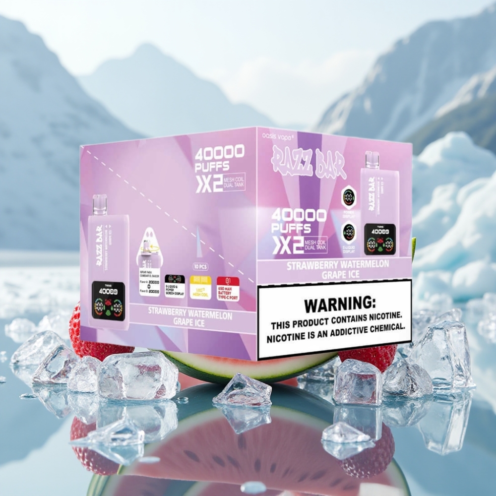 Razz Bar 40000 Puffs Disposable Vape MORANGO MELANCIA & UVA GELADO Display de Tela