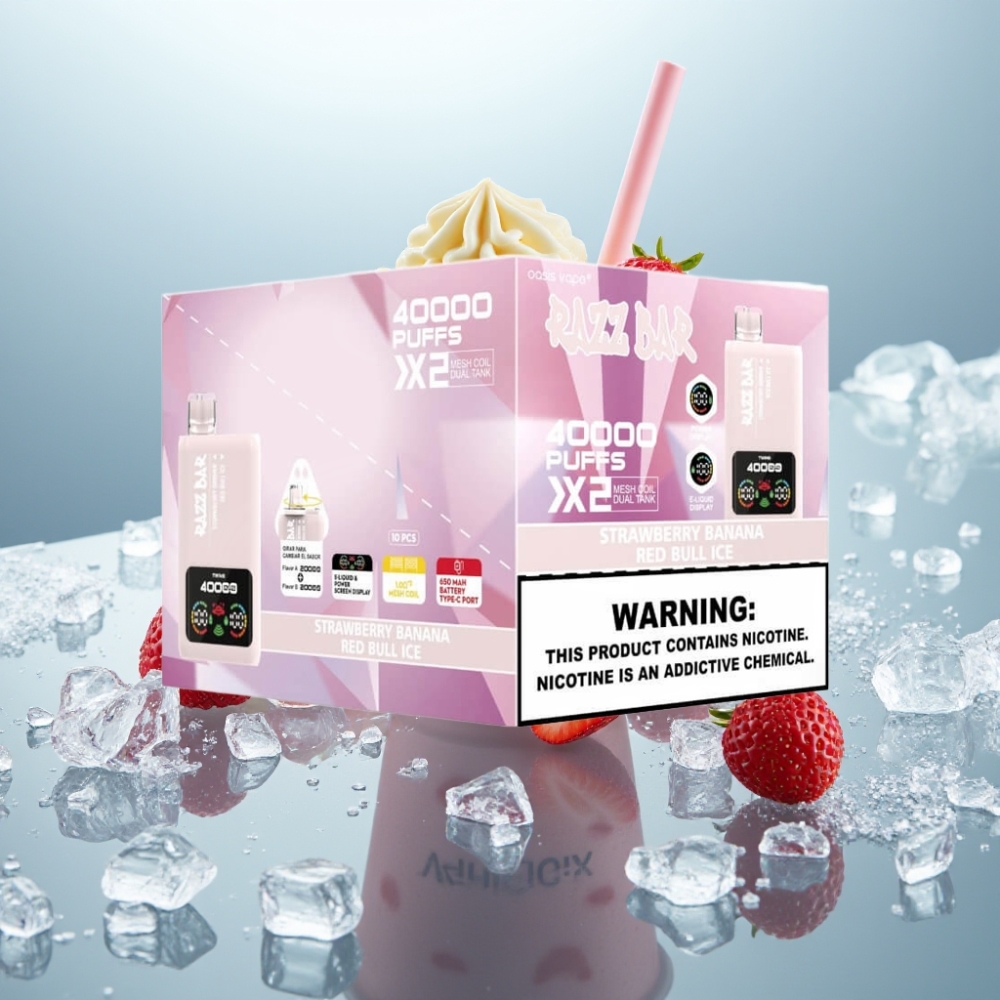 Razz Bar 40000 Puffs Morango Banana & Red Bull Gelo Tela de Energia