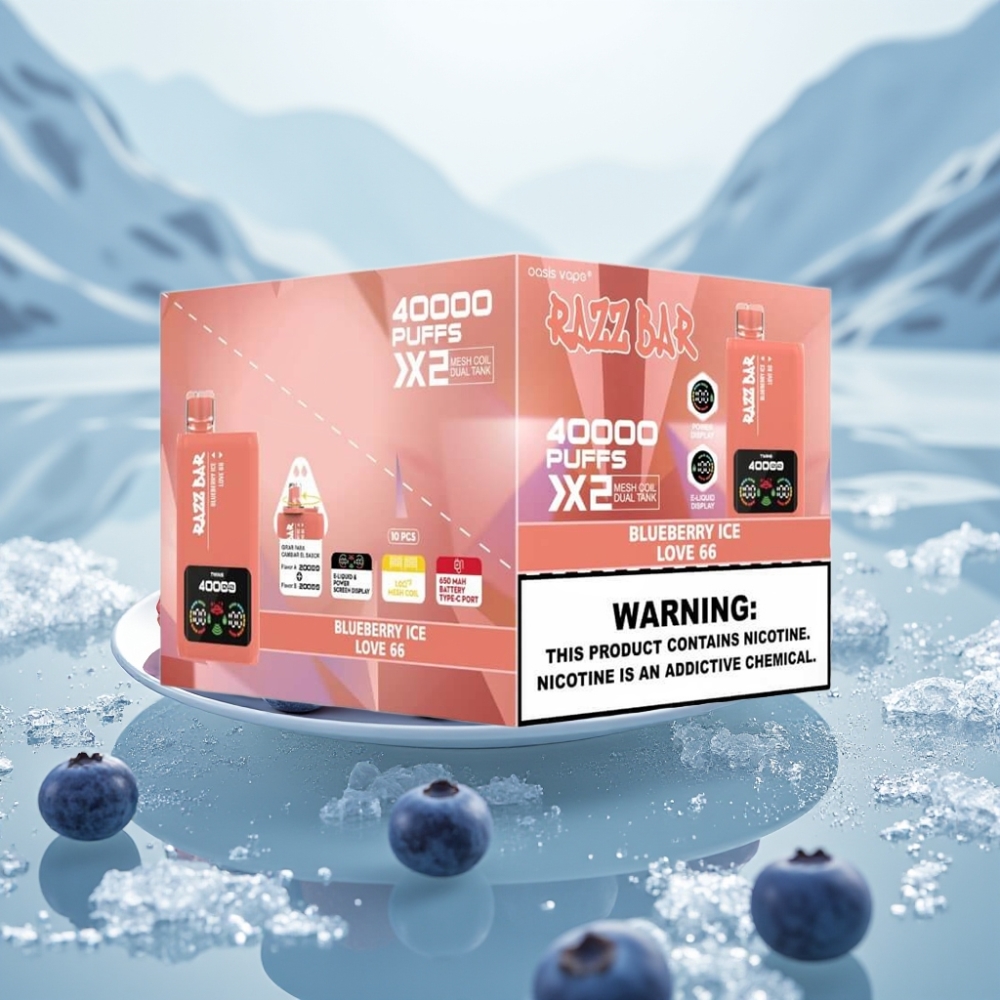 Razz Bar 40000 Puffs Sabor GELO DE MIRTILO & LOVE 66 Tela de Potência