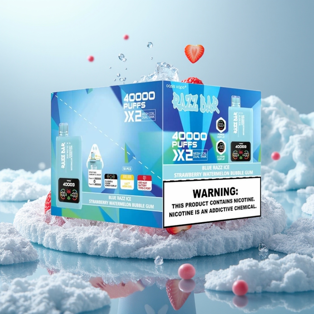Razz Bar Disposable Vape 40000 Puffs AZUL FRAMBOESA GELO-MORANGO MELANCIA CHICLETE Power Screen Display Tipo-C