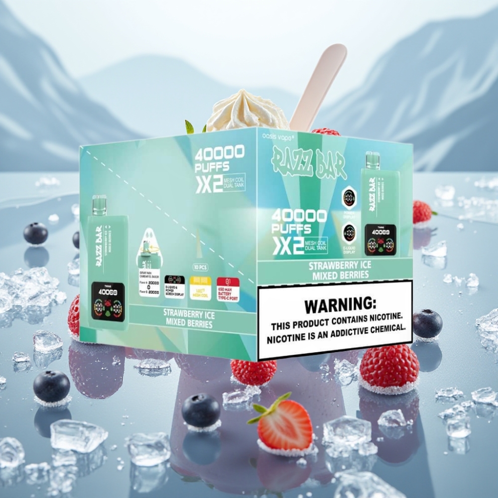 Razz Bar Disposable Vape 40000 Puffs Morango Gelo & Frutas Vermelhas Tela Display