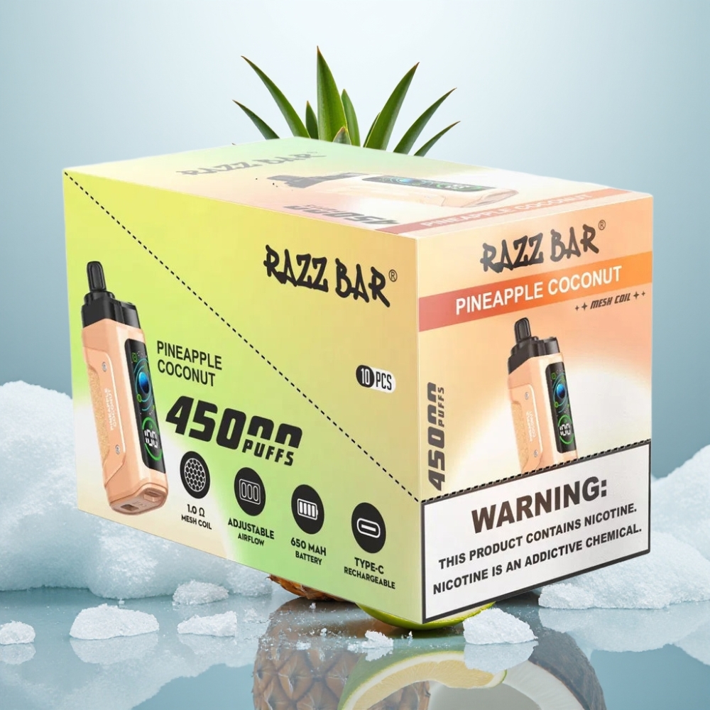 Razz Bar 45000 Puffs Disposable Vape Abacaxi Coco Tipo-C Recarregável