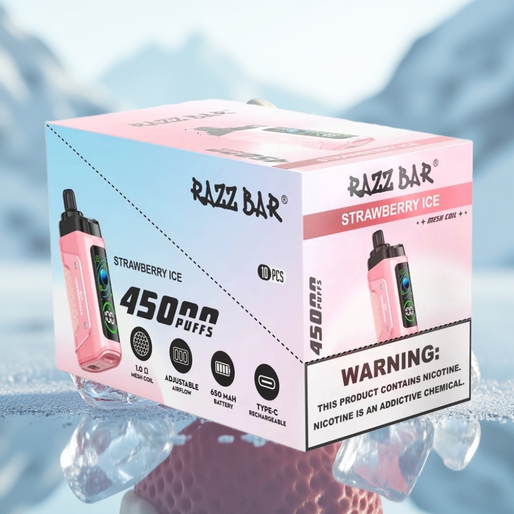 Razz Bar 45000 Puffs Disposable Vape Morango Gelo Resistência 1.0 Ohm