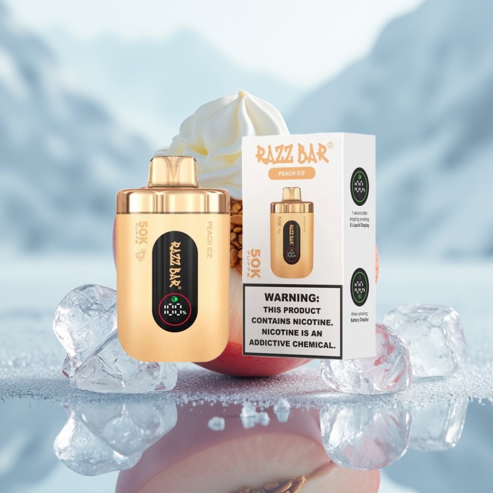Razz Bar 50K Puffs Disposable Vape Pêssego Gelo e Recarregável Tipo-C