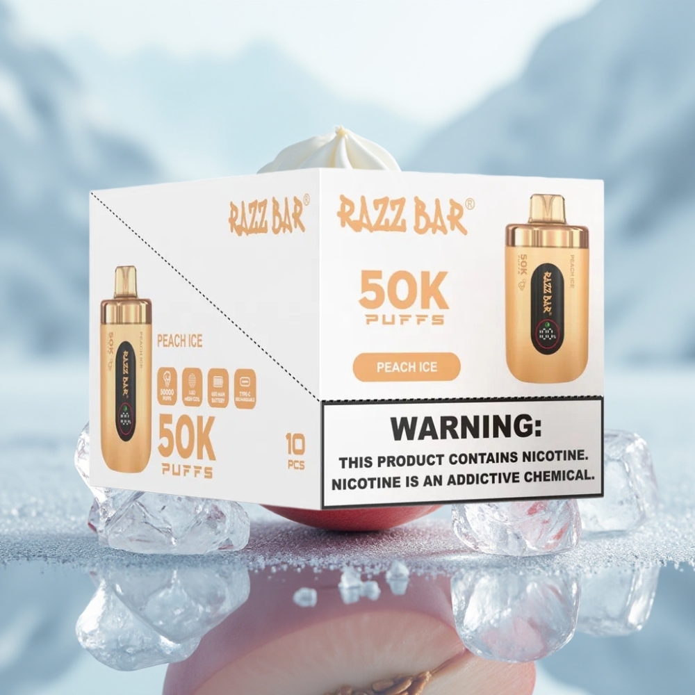 Razz Bar 50K Puffs Disposable Vape Pêssego Gelo e Recarregável Tipo-C