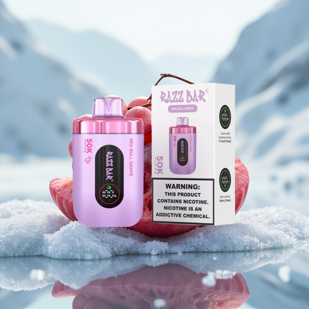 Razz Bar 50K Puffs Disposable Vape Uva Red Bull e Recarregável via Type-C