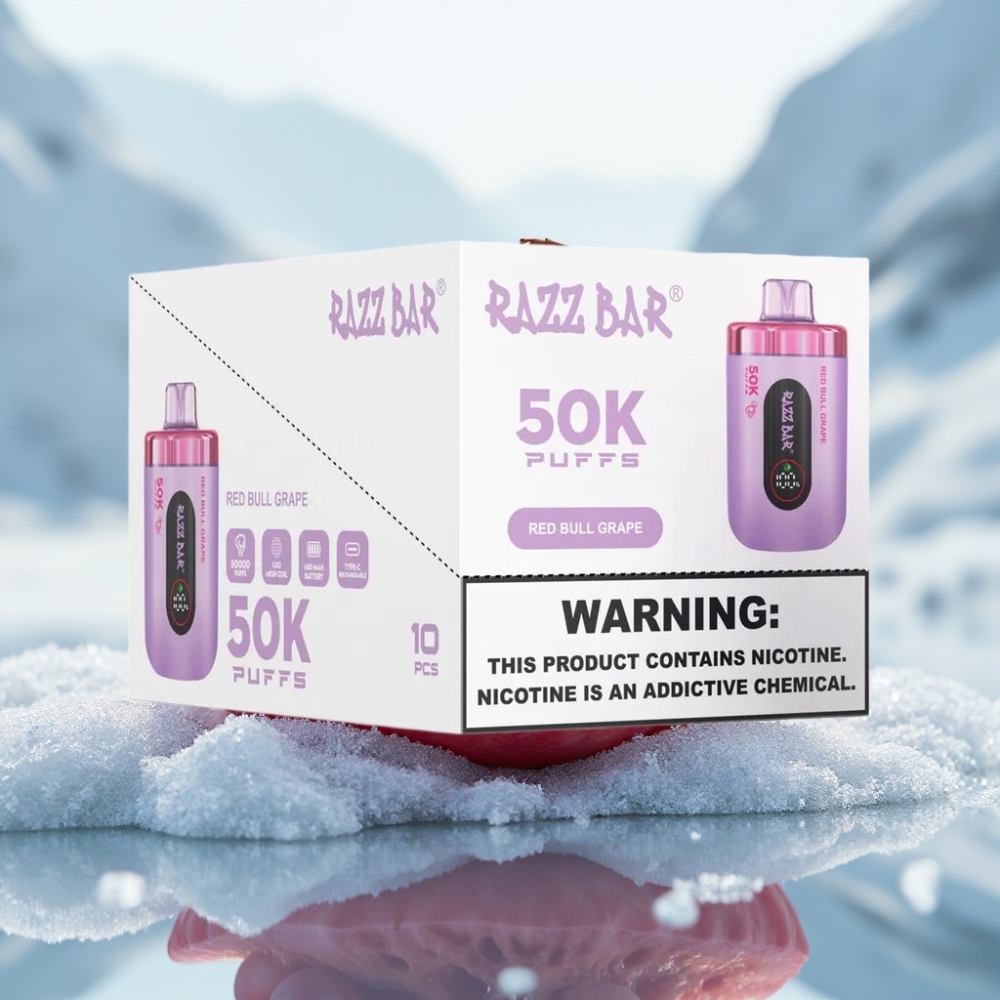 Razz Bar 50K Puffs Disposable Vape Uva Red Bull e Recarregável via Type-C